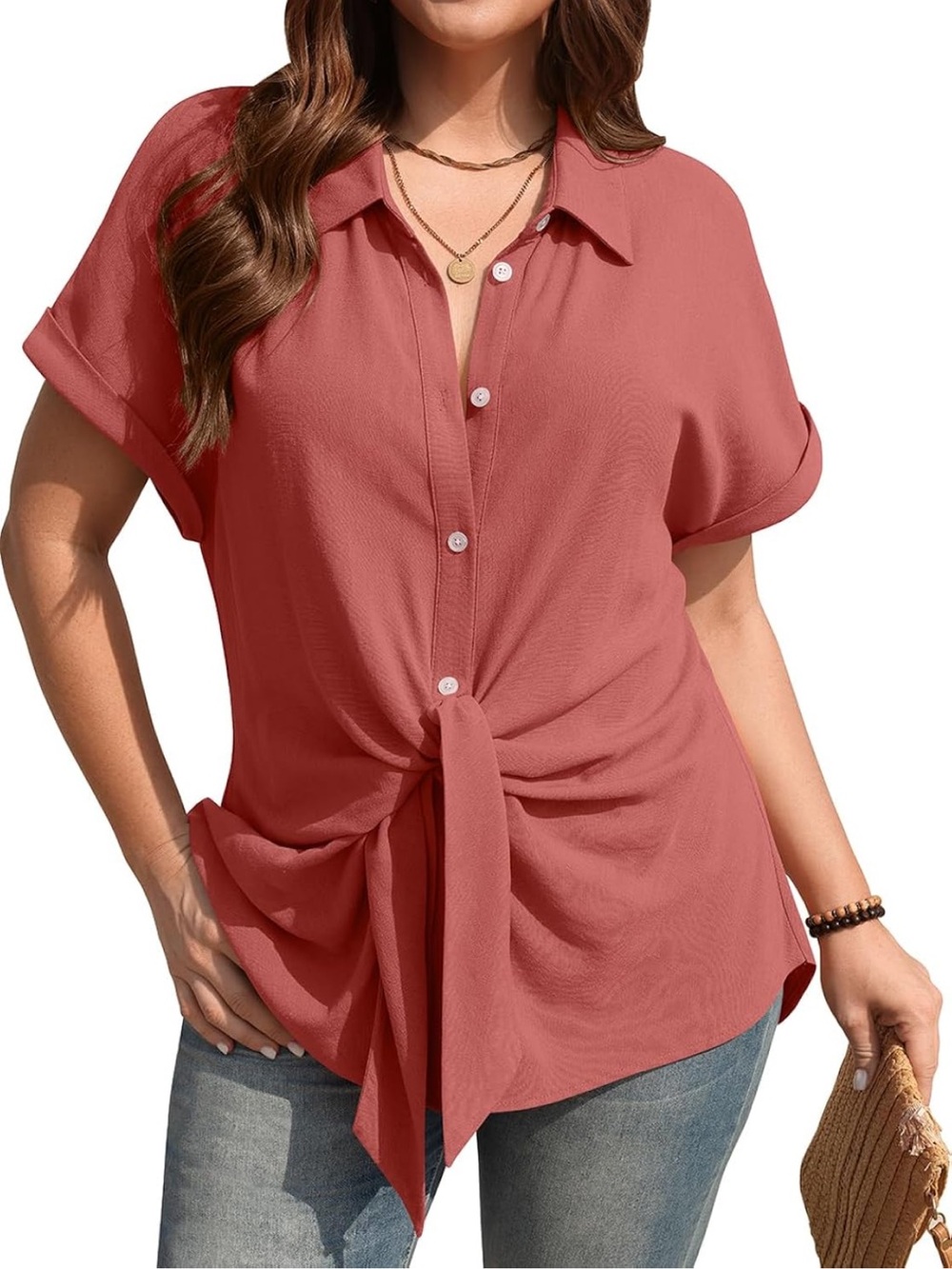 Tie-Front Button Blouse in Dusty Rose - Women’s Collared Top
